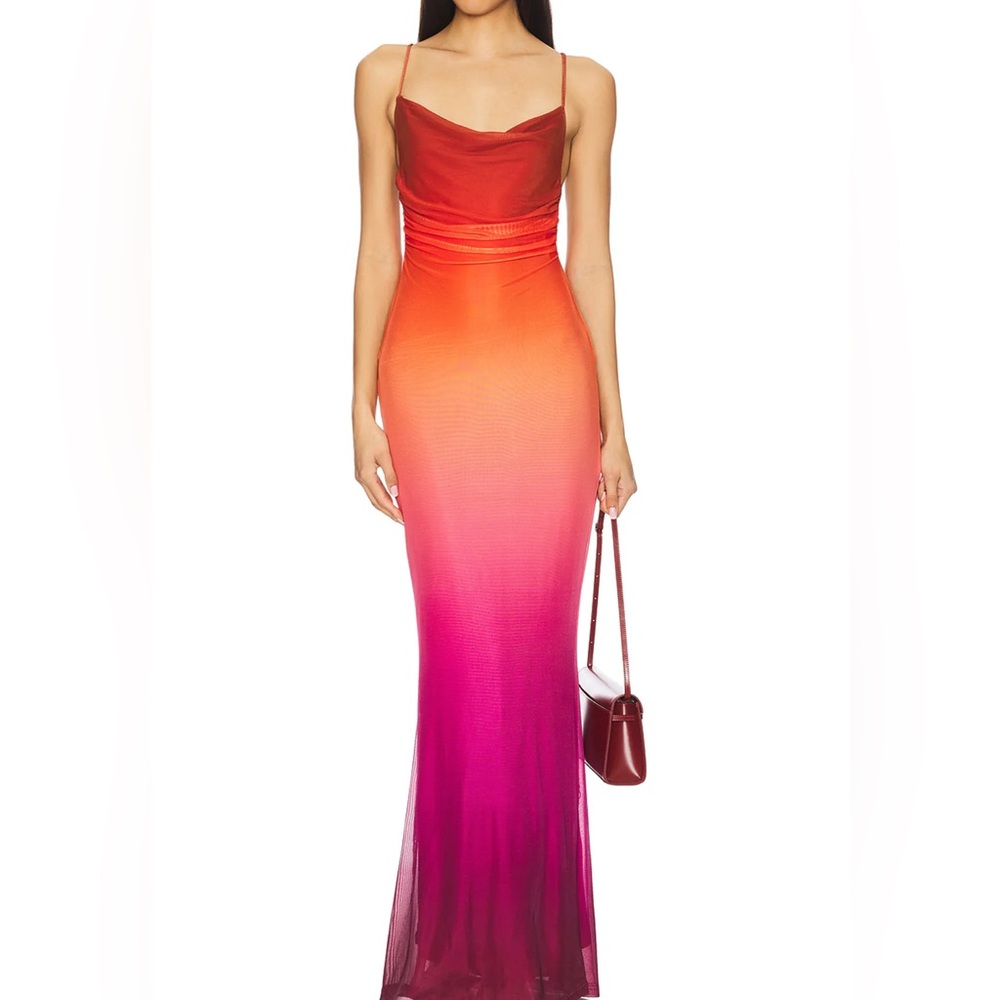 Micas Ombre Print Mesh Ruched Tie Back Slip Maxi Dress M 011-23